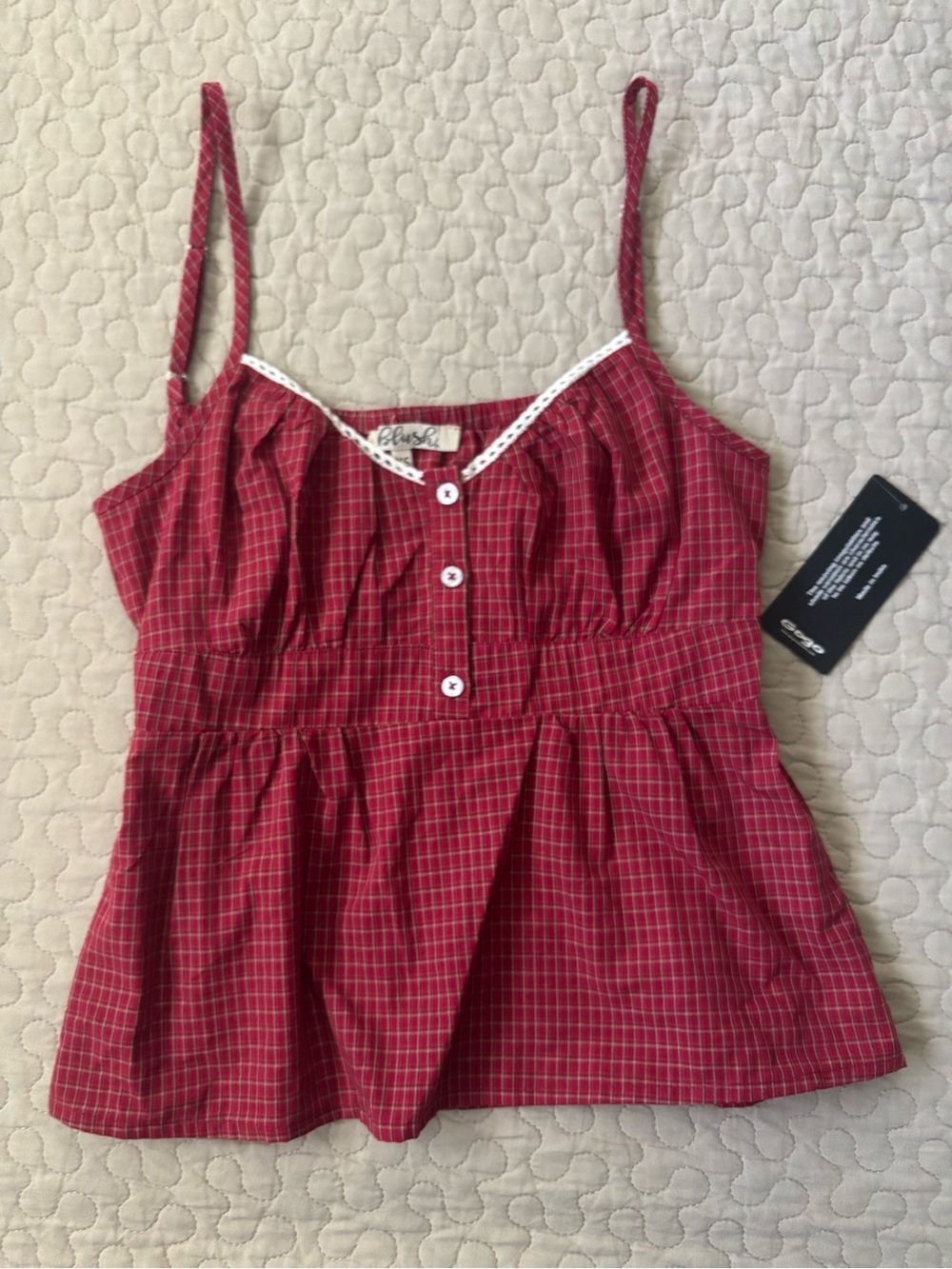 Blush Red Plaid Button-Front Cami with Lace Trim - Picture 2 of 4